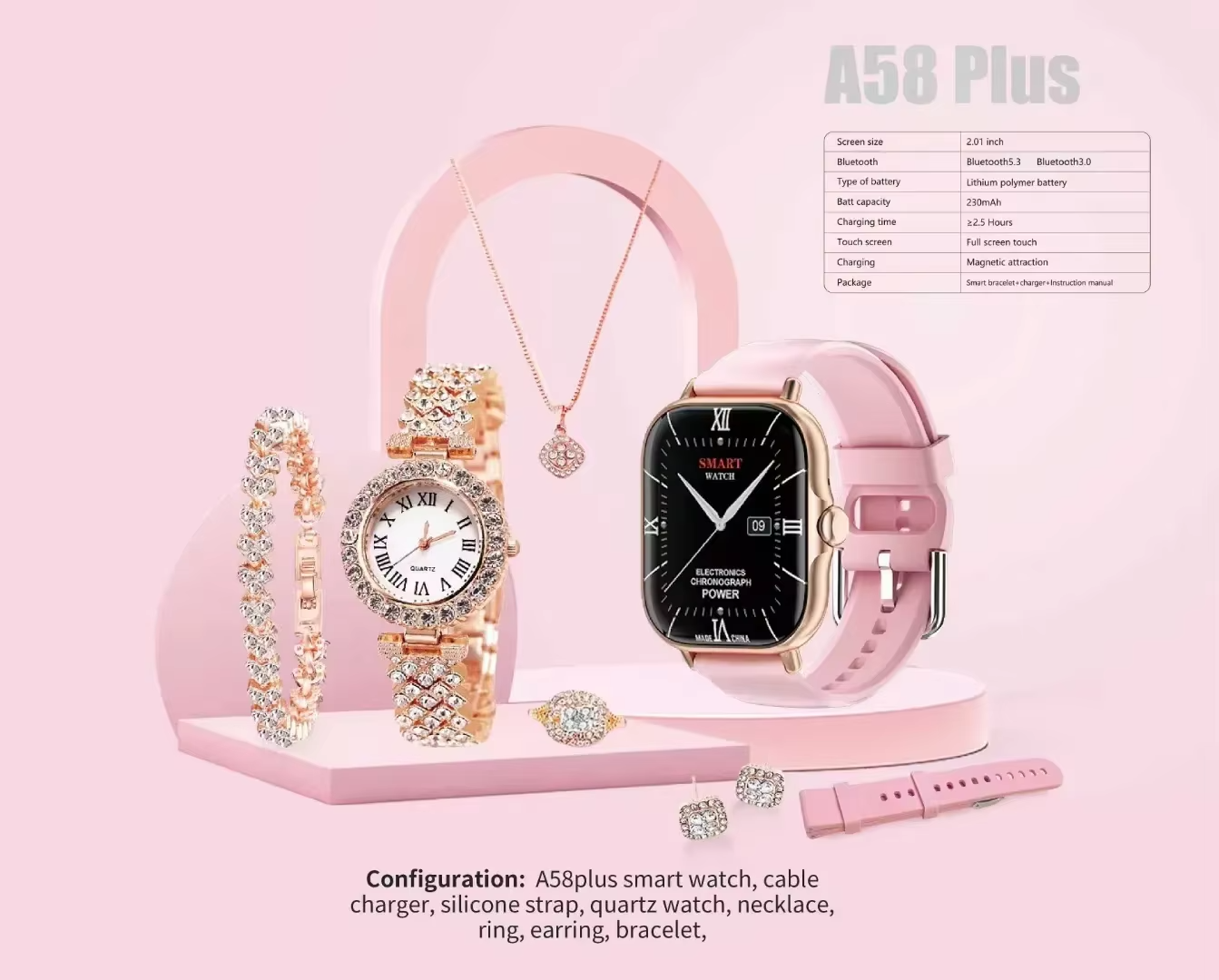 A58 Plus 6 in 1 - Smartwatch For Women | Best Quality Smart Watch For Girls | Perfect For Gift - Pink