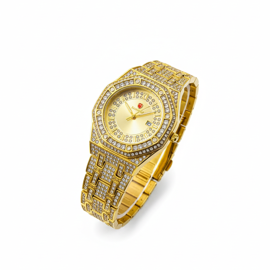 Luxury Gold Diamond-Studded Quartz Watch – Premium Unisex Wristwatch