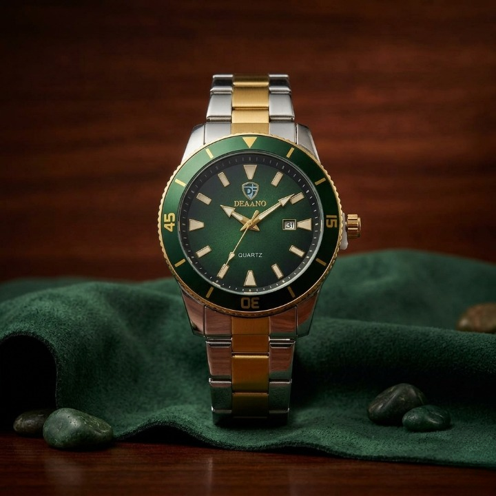 Premium Men's Green Dial Stainless Steel Quartz Watch – Gold & Silver