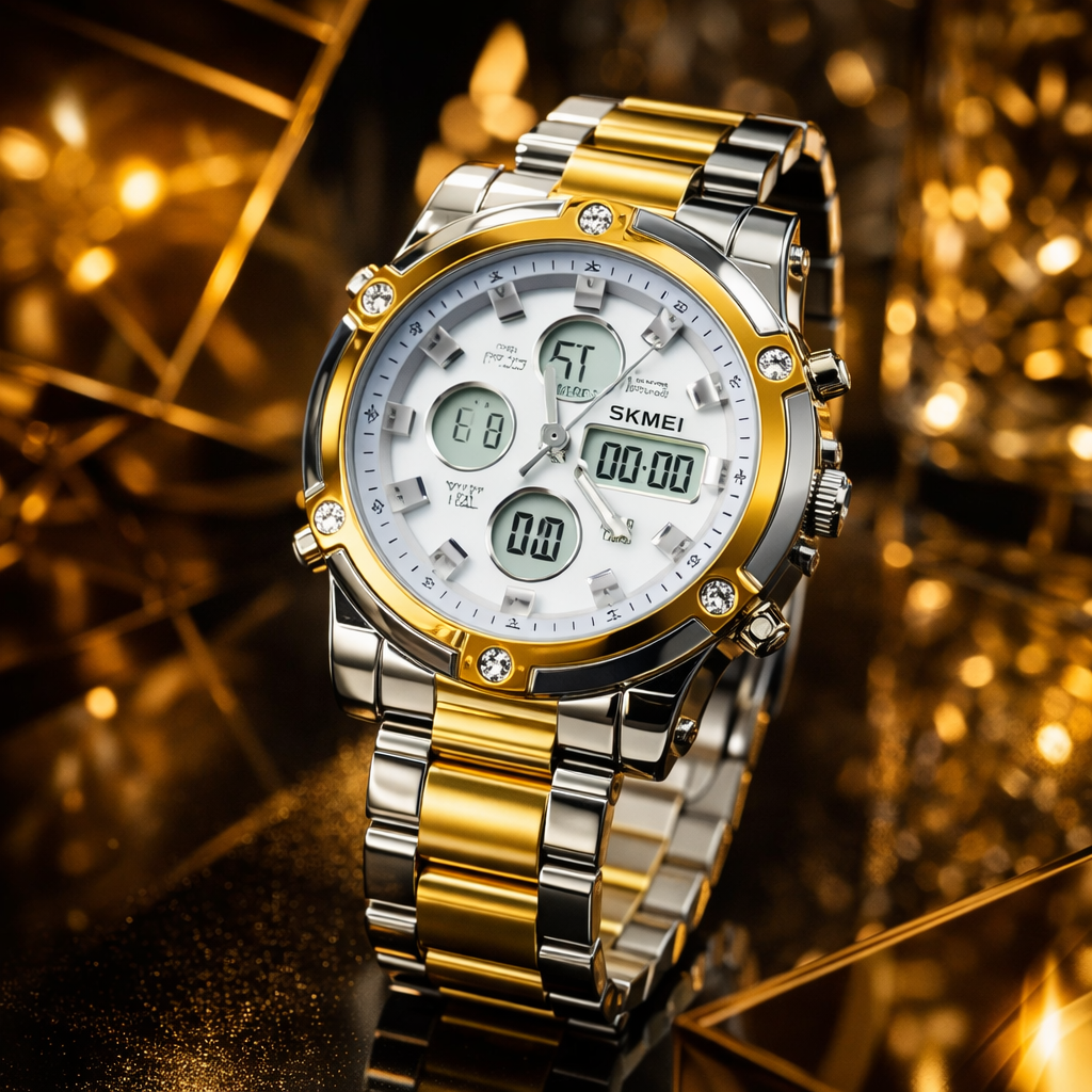 SKMEI 1389 Men's Digital Analog Watch – Gold & Silver Stainless Steel