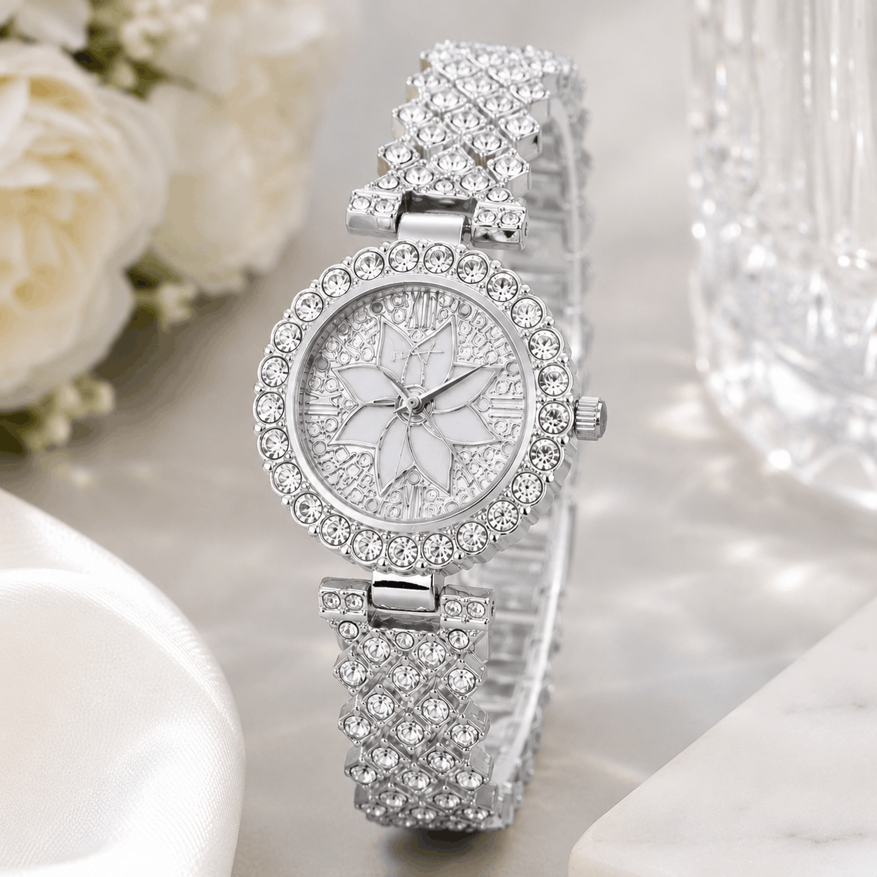 Luxury Floral Crystal Quartz Watch for Women – Elegant Diamond Wristwatch