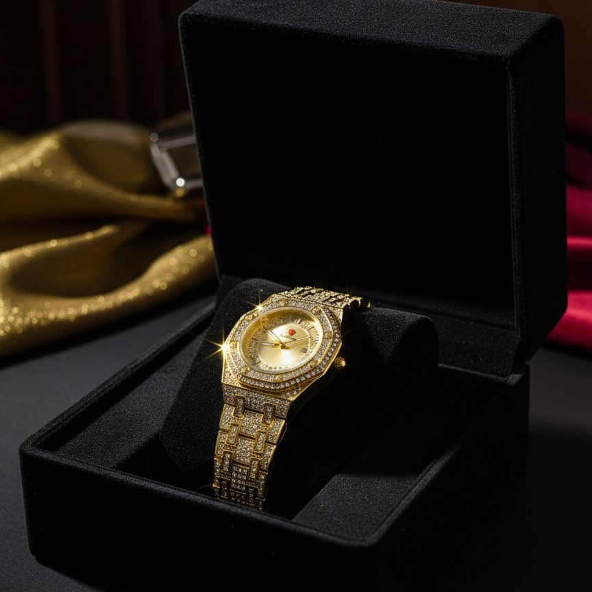 Luxury Gold Diamond-Studded Quartz Watch – Premium Unisex Wristwatch