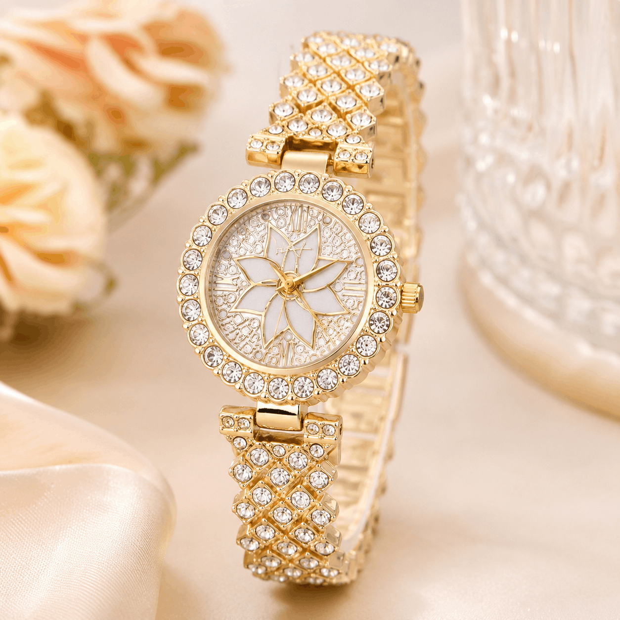 Luxury Floral Crystal Quartz Watch for Women – Elegant Diamond Wristwatch
