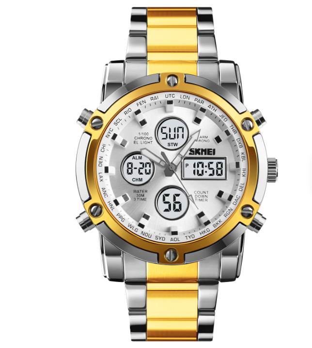 SKMEI 1389 Men's Digital Analog Watch – Gold & Silver Stainless Steel